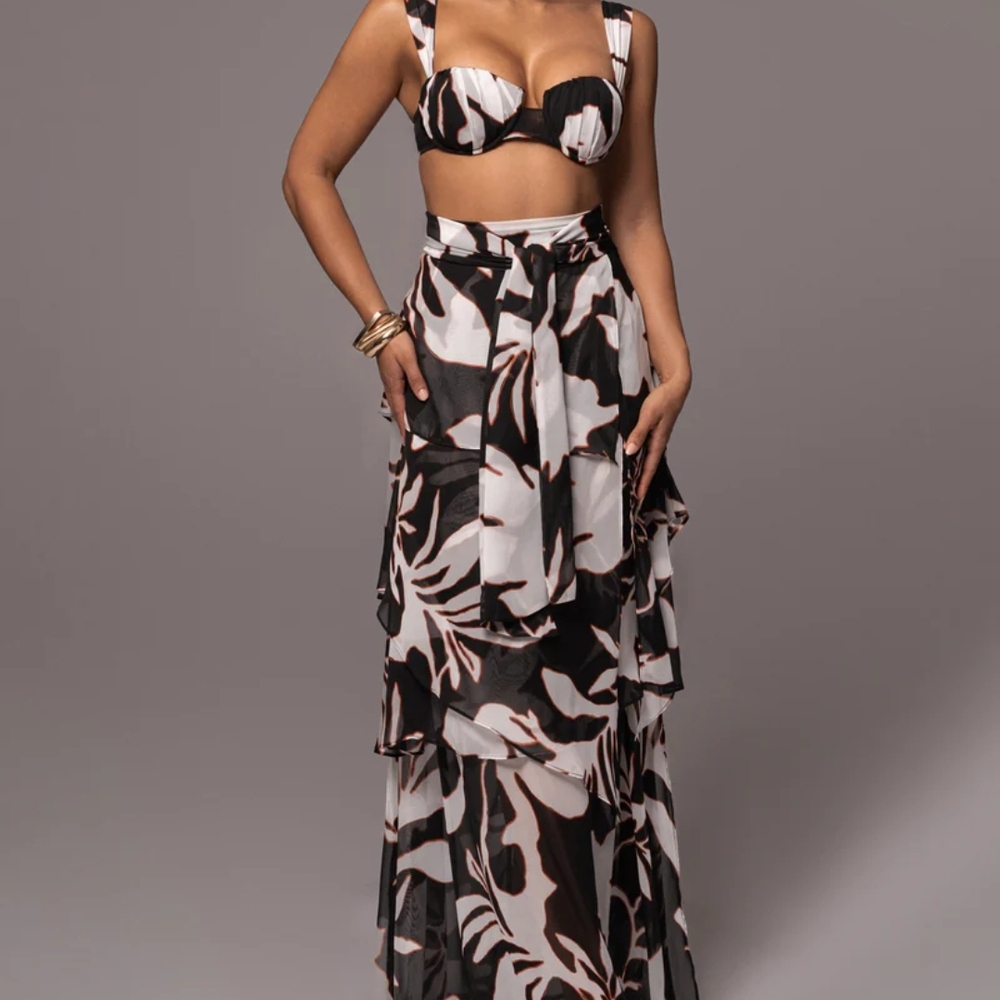 JLUXLABEL Black and White Tiered Maxi Skirt Resort Wear